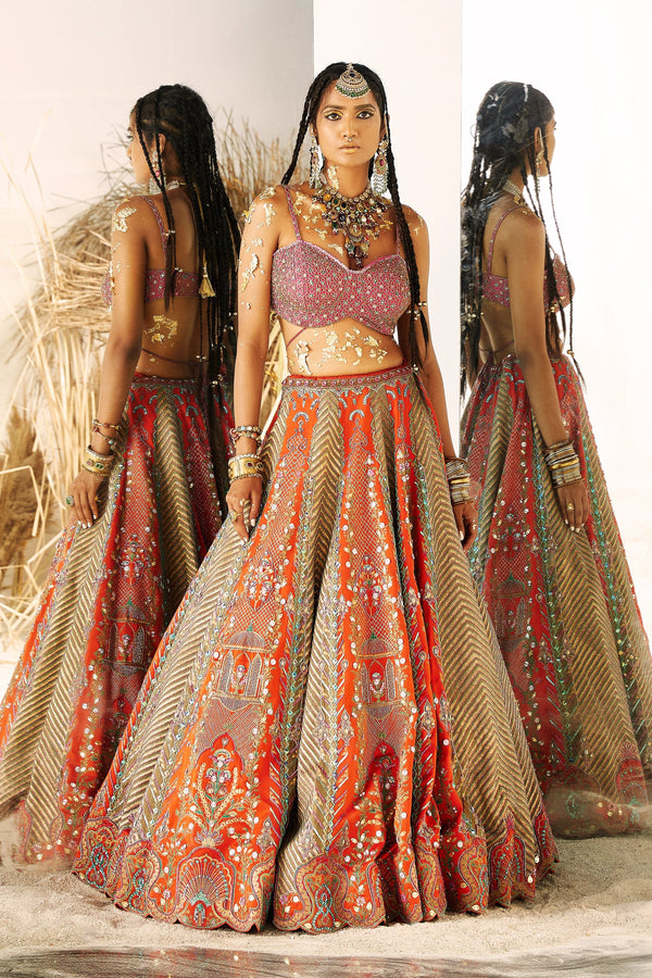 Dhaani Bridal Lehenga in vibrant colors with floral embroidery and contrasting kalis, designed by Moledro.