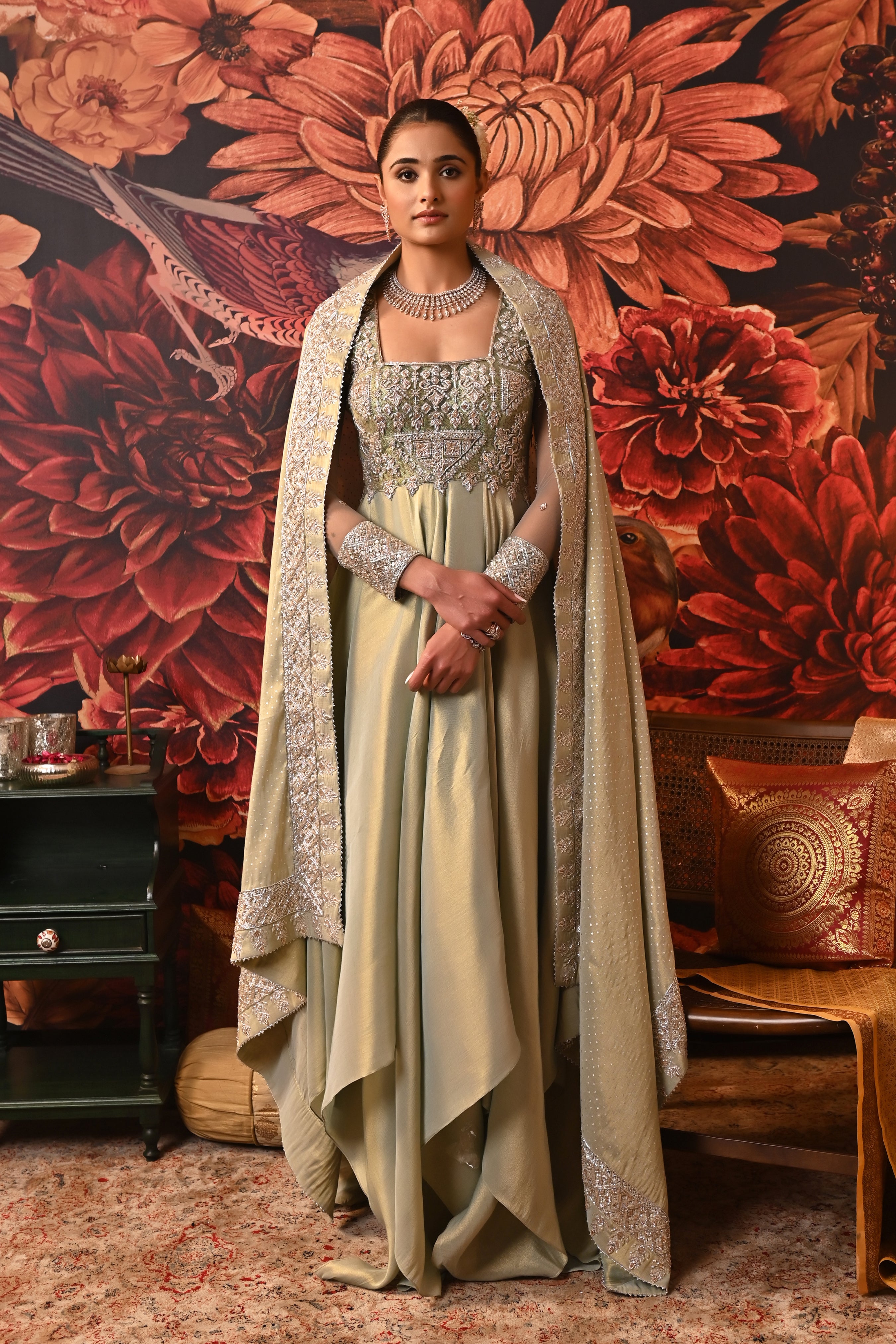 Moledro’s Ezra Anarkali in pista green featuring dabka and nakshi embroidery, designed for festive occasions in Dubai UAE.