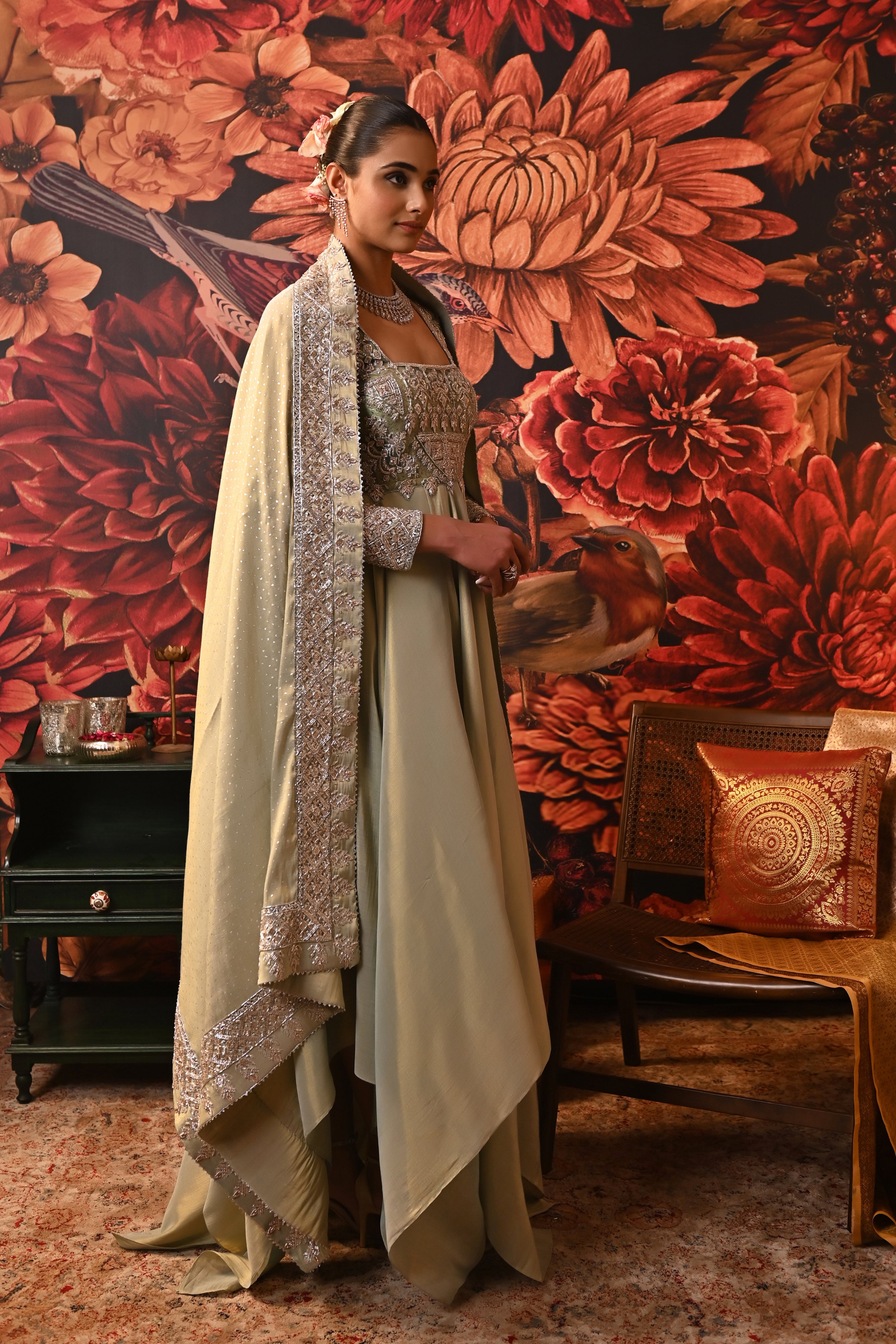 Silver foil-printed dupatta with zari brocade base and hand-finished embroidery border.