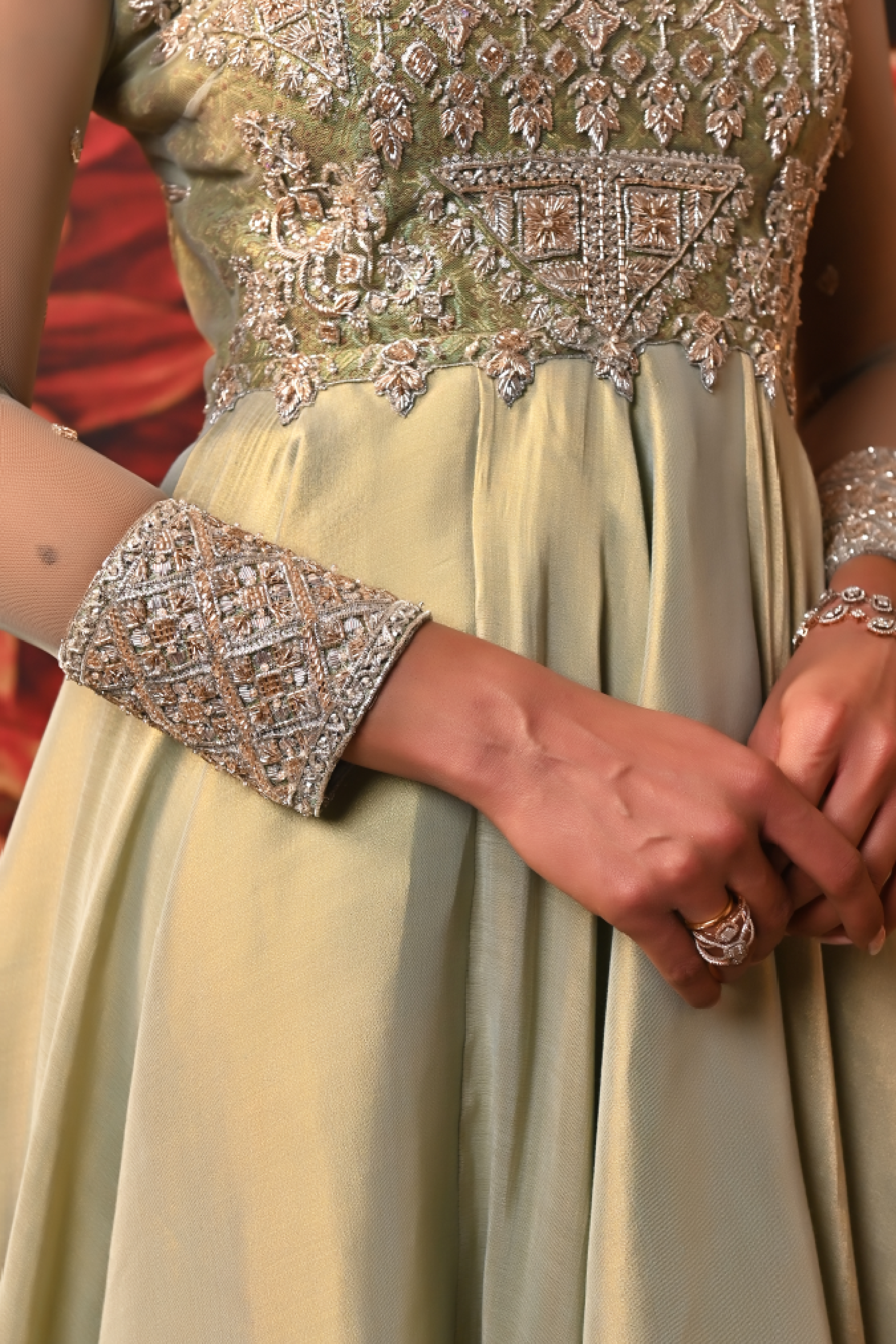 Banarasi and zari brocade texture in pista tone, highlighted for high-end ethnic wear.