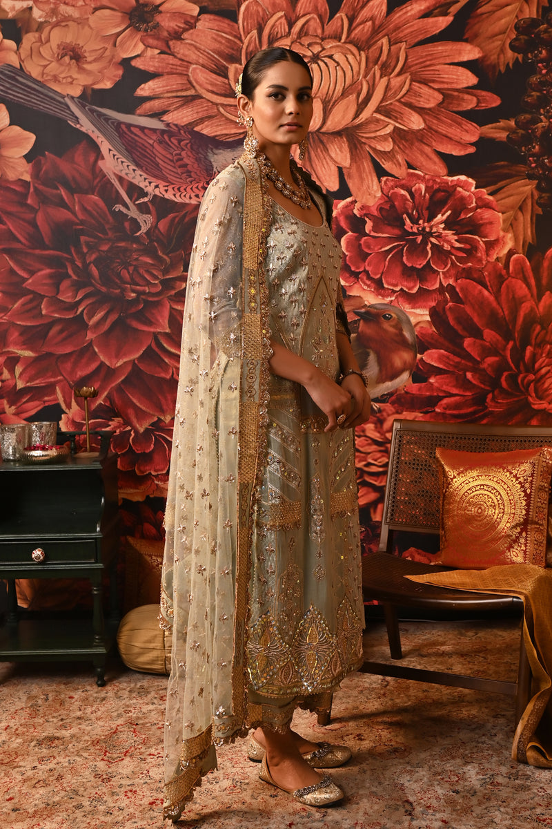 Sheer butterfly net dupatta in pista green with gold foil prints, embroidered border, and cutwork, ideal for Indian designer wear.