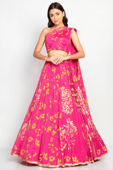 Stylish Humaira Lehenga Set with floral motifs and a one-shoulder blouse in a pink shade.