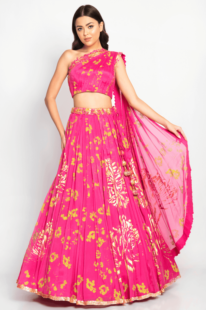 Humaira Lehenga Set combining modern blouse design and a flowing traditional lehenga crafted by Moledro.