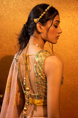 Intricate sequin detailing on the sleeveless blouse paired with the Hya Lehenga.