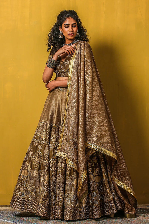 Chanderi and Kota fabrics enhancing the elegance of the Layla Lehenga Set.