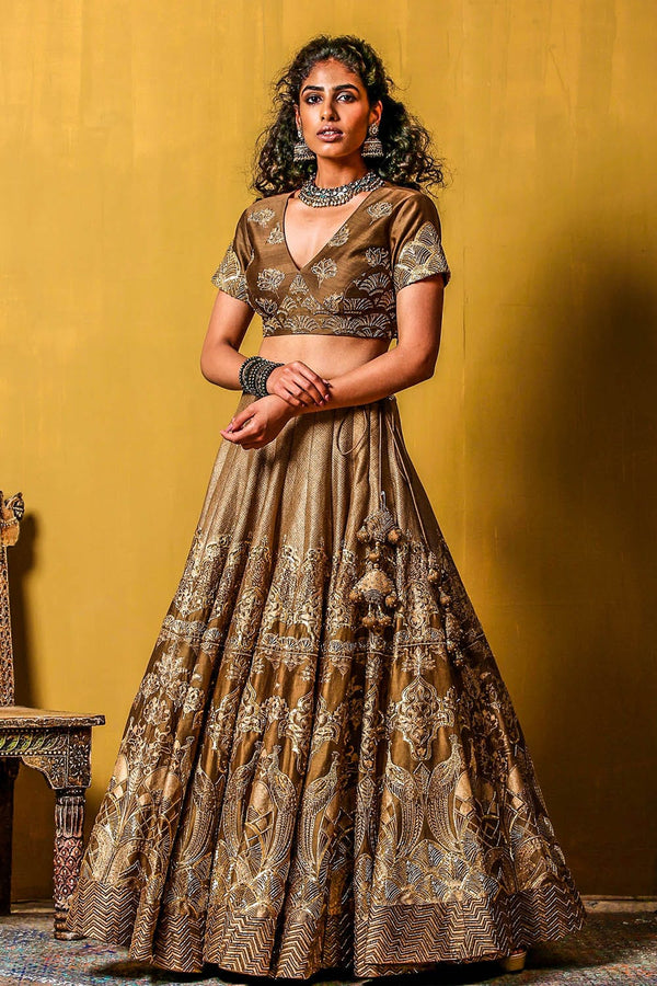 Layla Lehenga Set in green with floral and peacock designs by Moledro, Shahpur Jat Designer Lehengas
