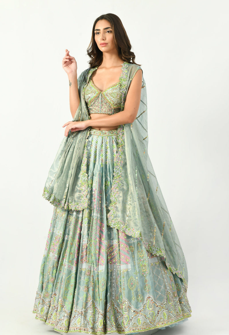 Mira Lehenga Aqua Pleated Lehenga Set with Machine Embroidery