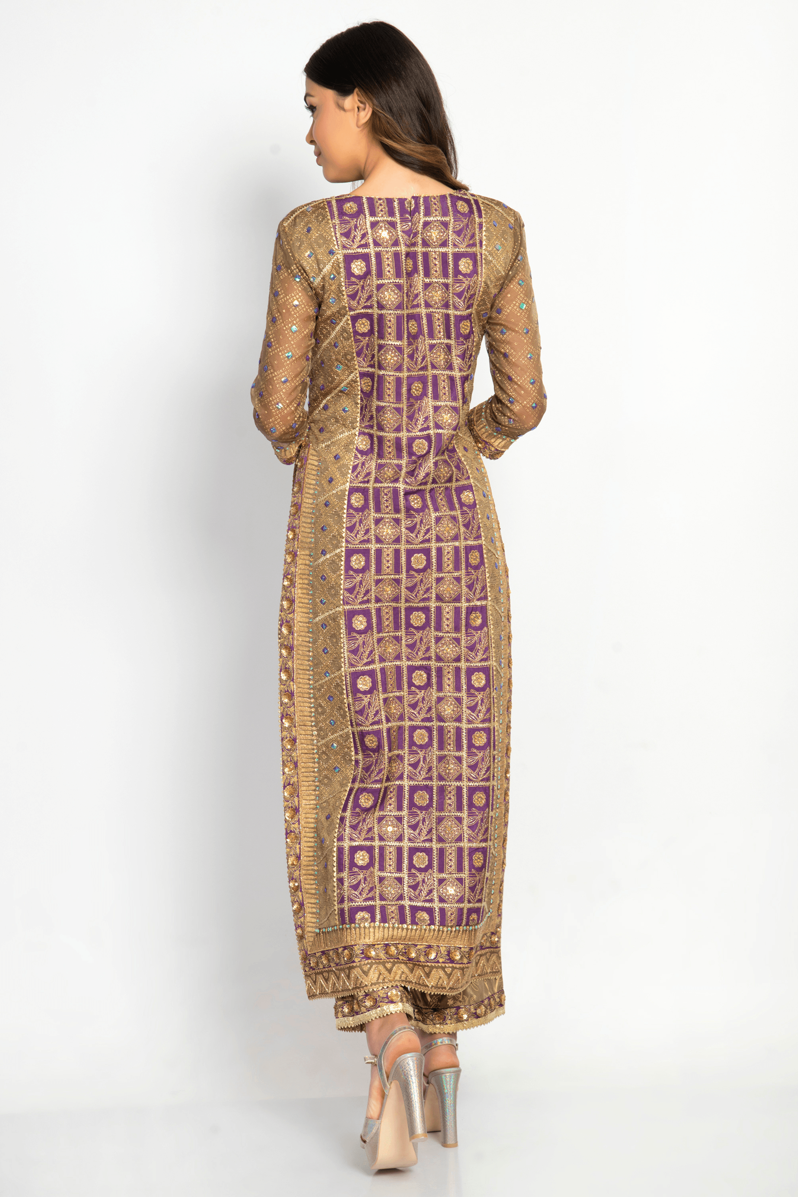 Back details of the Purvi Kurta Set showcasing its flowing silhouette and bold contrast panels, ideal for bridal and festive occasions.