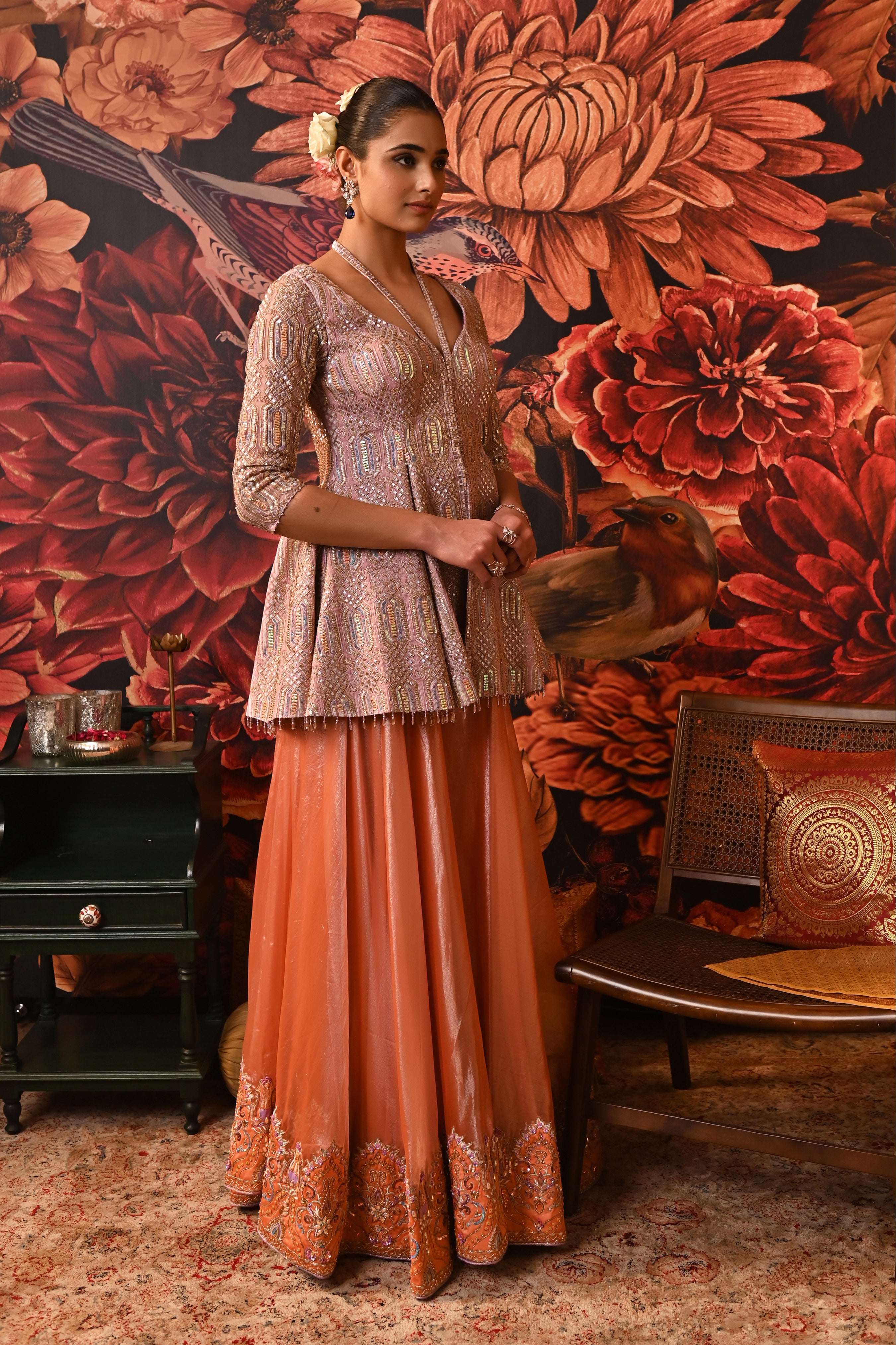 Flowing co-ord set silhouette showing contrast tones and handcrafted detailing ideal for wedding wardrobes.