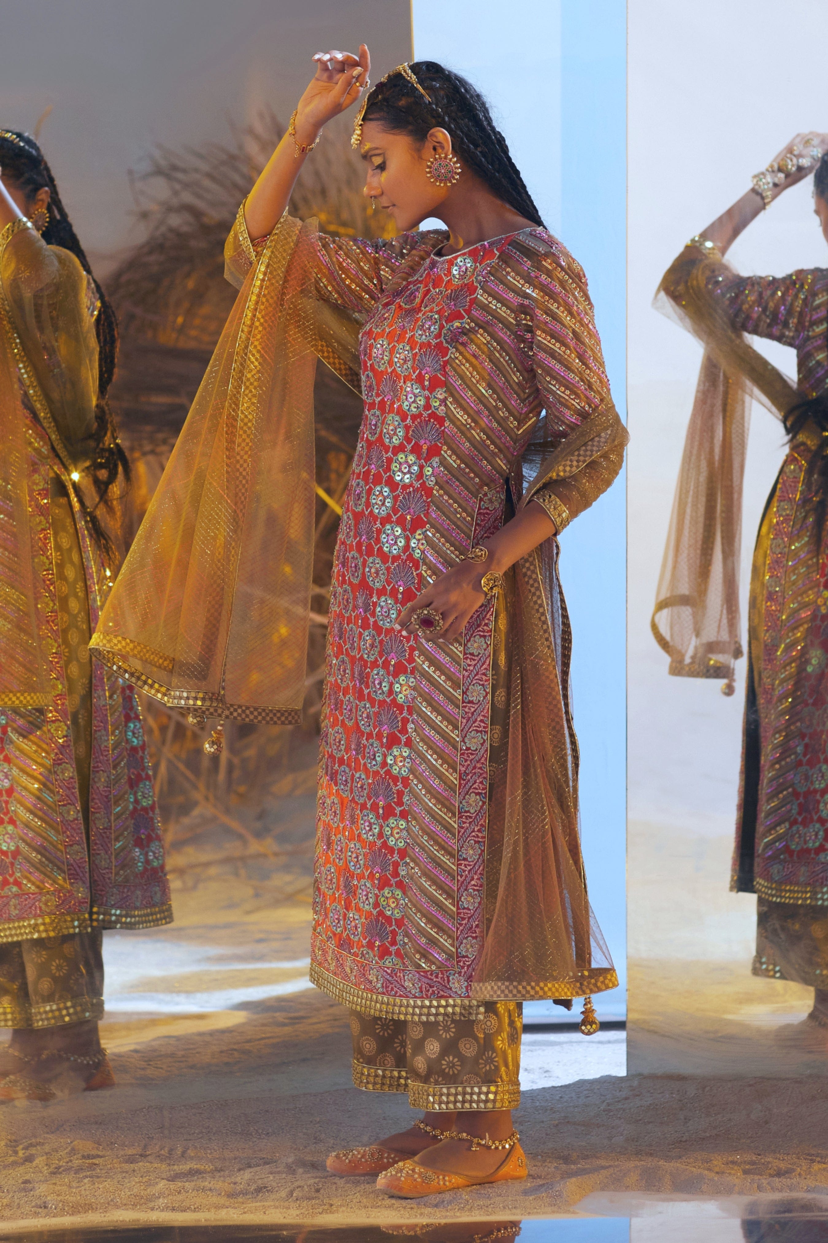 Complete Saanjh Kurta Set featuring an embellished kurta, gold pants, and a net dupatta, Perfect for weddings and festive occasions.