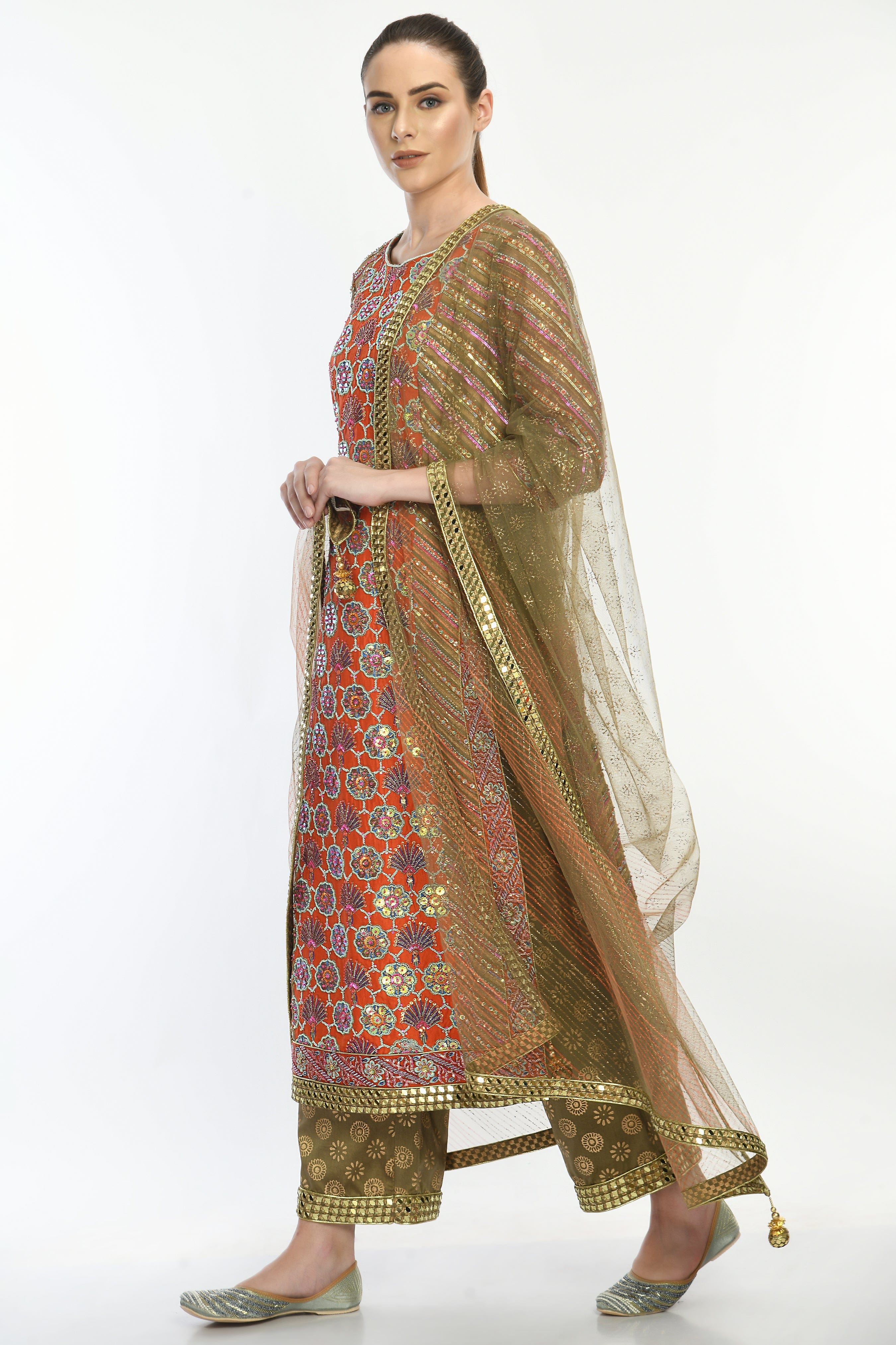Side profile of the Saanjh Kurta Set showcasing the long kurta, pants, and elegant dupatta design.