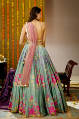 Back view of Ula lehenga choli designed by Moledro Perfect occasion wear.
