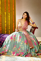 highliting golden pink blouse with Ula lehenga choli