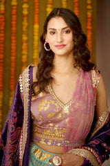 Pink color v neck blouse best comination for Ula festiva lehenga set.